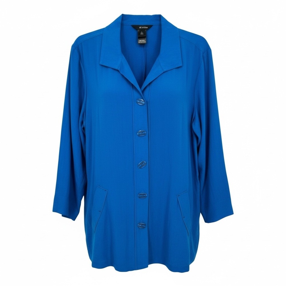 NEW Ali Miles Women Blue Button Front Long Sleeve‎ Blazer Jacket Size LARGE